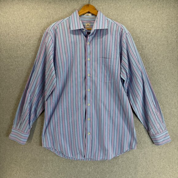 Peter Millar Mens Size Large Blue Pink Striped Button Front Shirt Collared LS - Picture 1 of 15